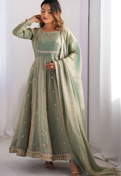 Embroidered Art Silk Abaya Style Suit in Dusty Green