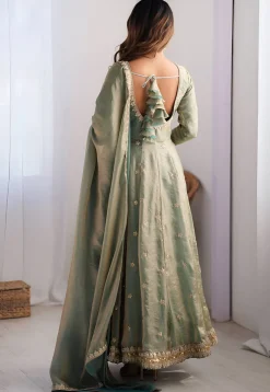 Embroidered Art Silk Abaya Style Suit in Dusty Green