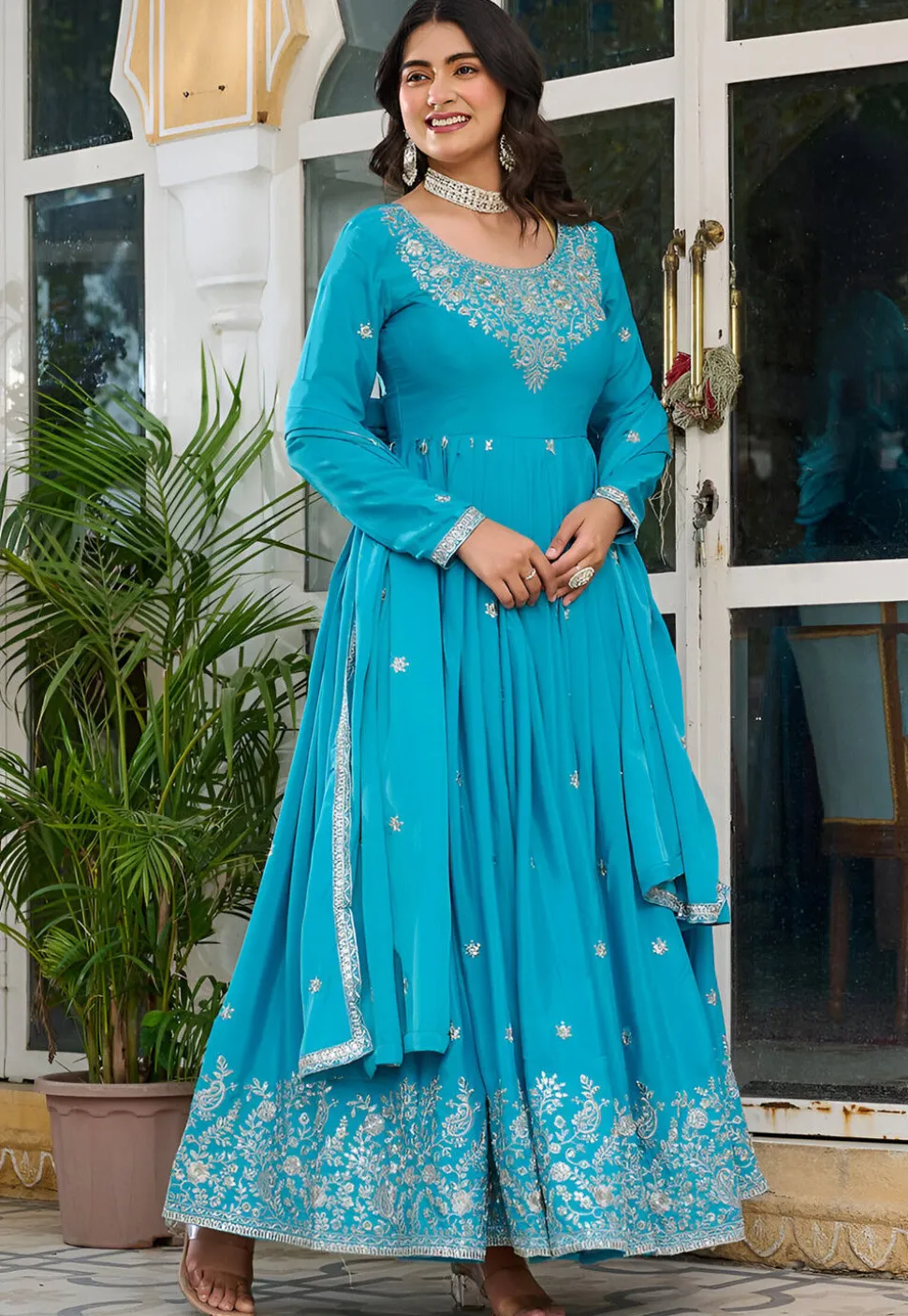 Embroidered Art Silk Abaya Style Suit in Sky Blue