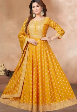 Embroidered Art Silk Abaya Style Suit in Mustard