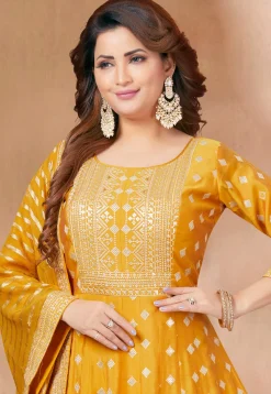 Embroidered Art Silk Abaya Style Suit in Mustard