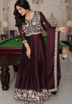 Embroidered Art Silk Abaya Style Suit in Brown