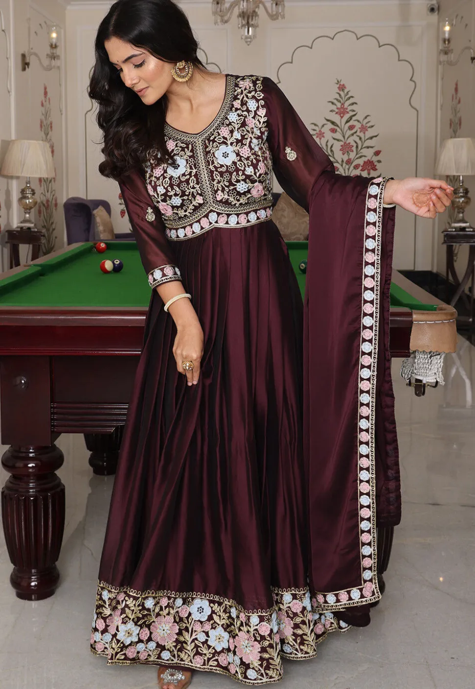 Embroidered Art Silk Abaya Style Suit in Brown