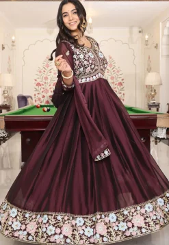 Embroidered Art Silk Abaya Style Suit in Brown