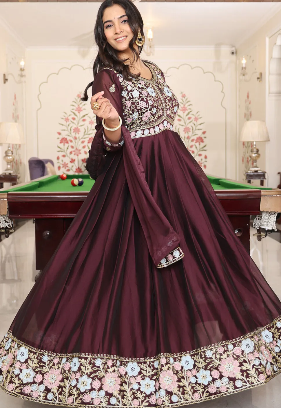 Embroidered Art Silk Abaya Style Suit in Brown