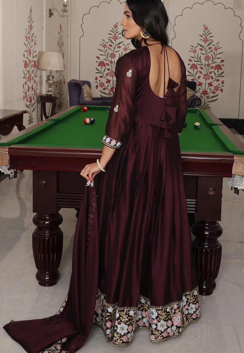 Embroidered Art Silk Abaya Style Suit in Brown
