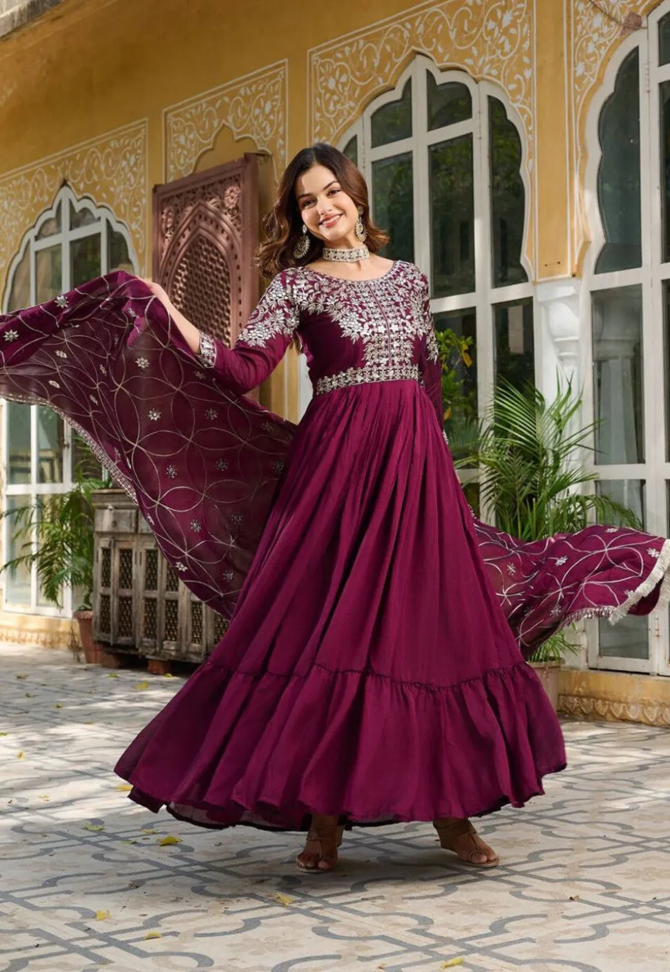 Embroidered Art Silk Abaya Style Suit in Purple