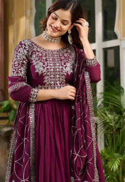 Embroidered Art Silk Abaya Style Suit in Purple