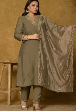 Embroidered Art Silk Aline Suit in Dark Fawn