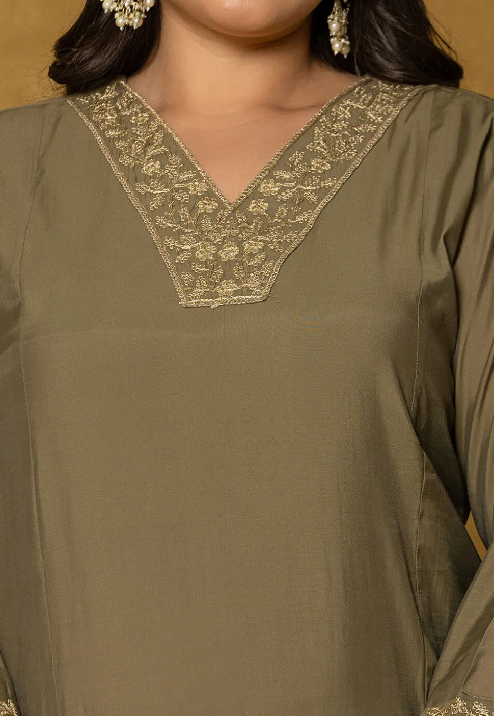 Embroidered Art Silk Aline Suit in Dark Fawn