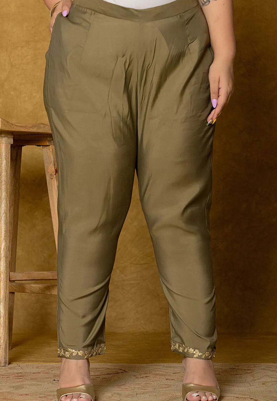 Embroidered Art Silk Aline Suit in Dark Fawn