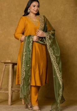 Embroidered Art Silk Aline Suit in Mustard
