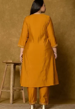 Embroidered Art Silk Aline Suit in Mustard