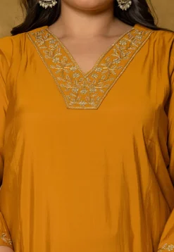 Embroidered Art Silk Aline Suit in Mustard