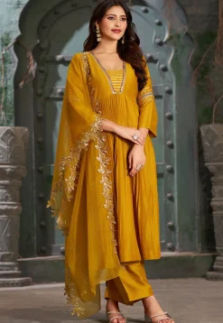 Embroidered Art Silk Aline Suit in Mustard