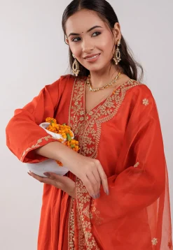 Embroidered Art Silk Aline Suit in Dark Orange