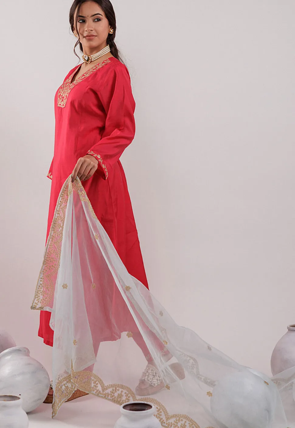 Embroidered Art Silk Aline Suit in Fuchsia