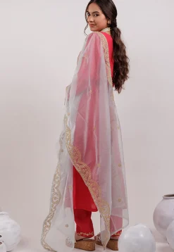 Embroidered Art Silk Aline Suit in Fuchsia