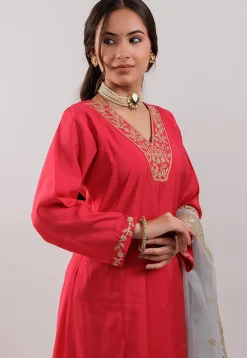Embroidered Art Silk Aline Suit in Fuchsia