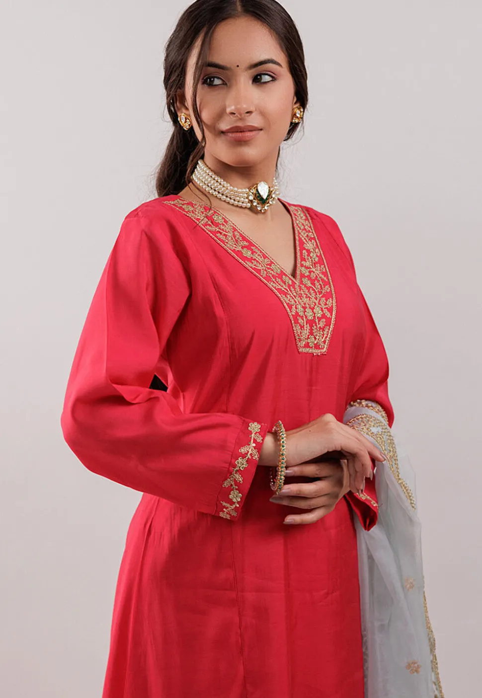 Embroidered Art Silk Aline Suit in Fuchsia