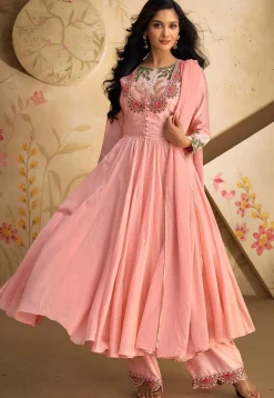 Embroidered Art Silk Aline Suit in Pink