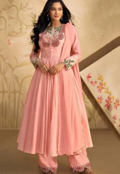 Embroidered Art Silk Aline Suit in Pink