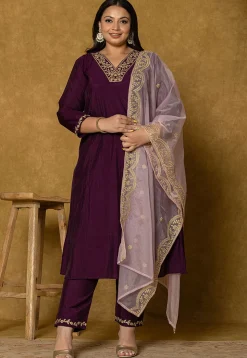 Embroidered Art Silk Aline Suit in Violet