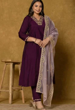 Embroidered Art Silk Aline Suit in Violet