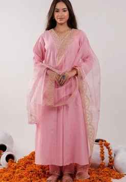 Embroidered Art Silk Aline Suit in Pink