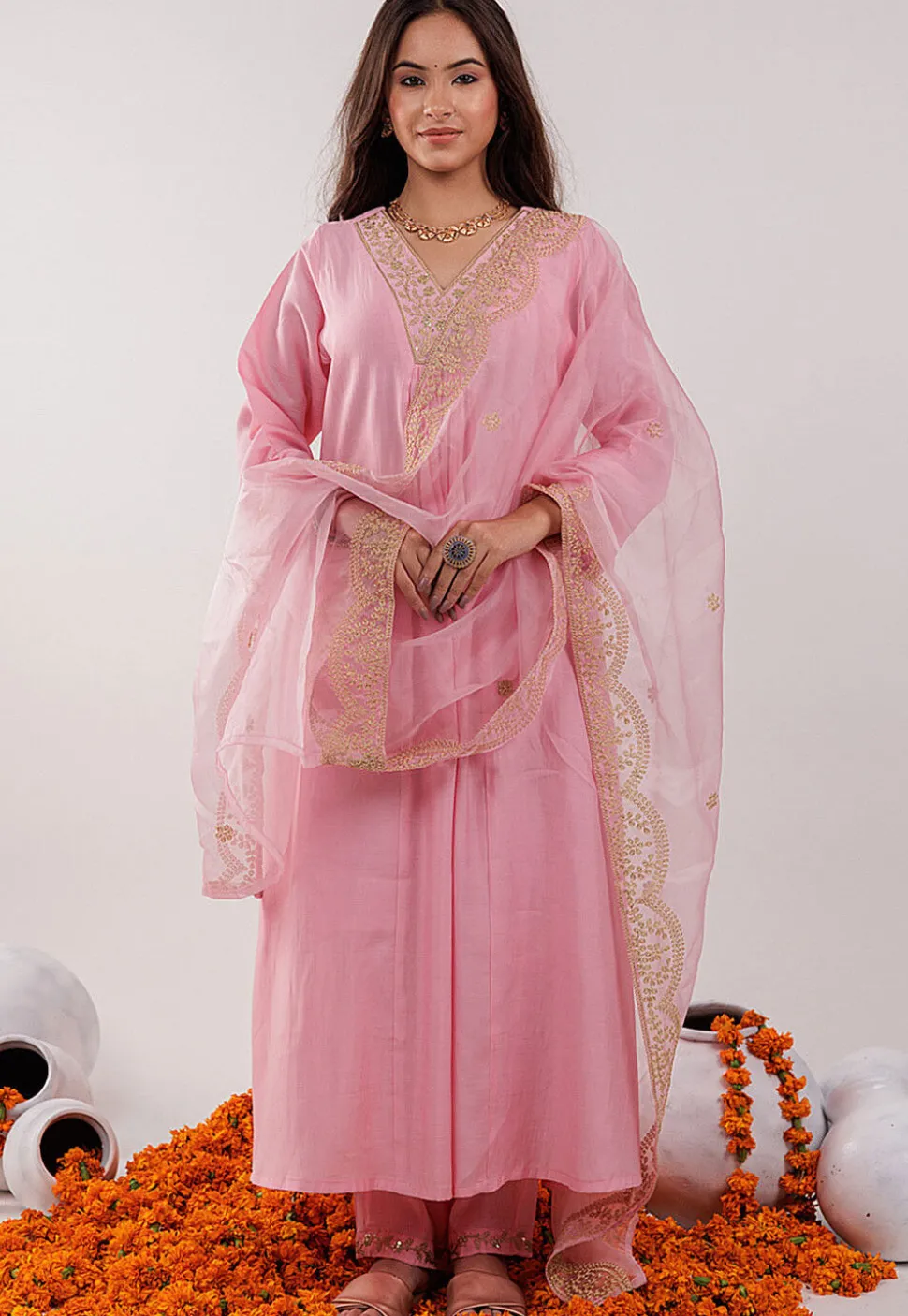 Embroidered Art Silk Aline Suit in Pink