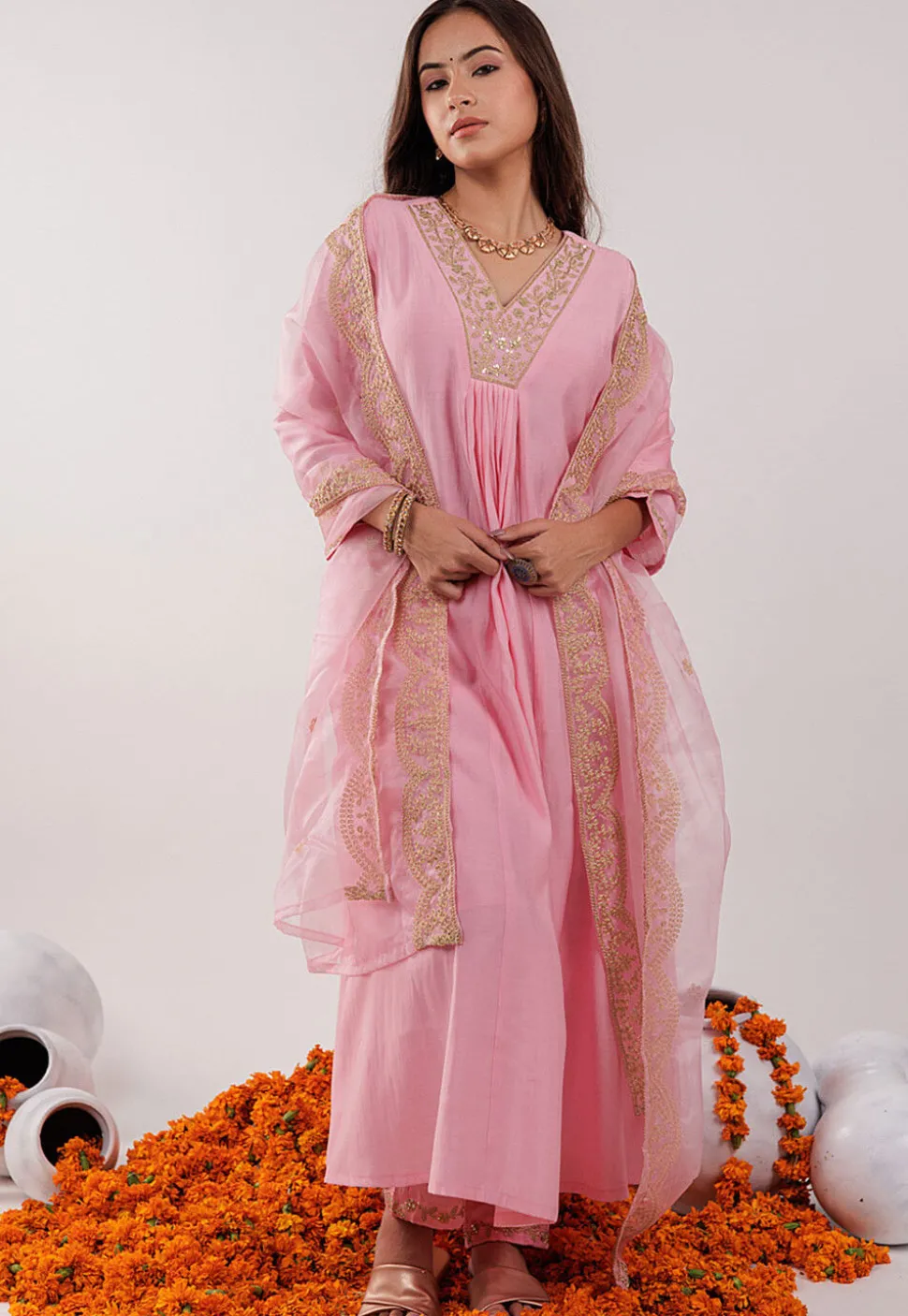 Embroidered Art Silk Aline Suit in Pink