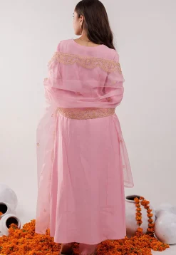 Embroidered Art Silk Aline Suit in Pink