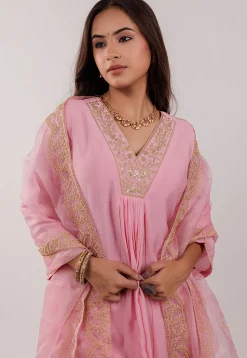 Embroidered Art Silk Aline Suit in Pink