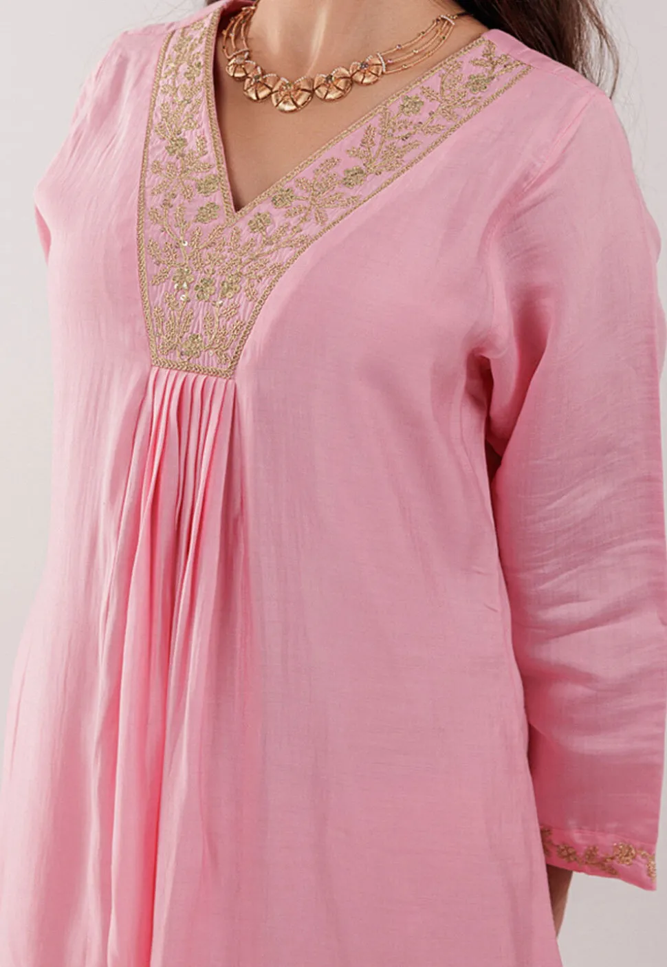 Embroidered Art Silk Aline Suit in Pink