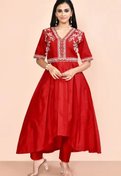 Embroidered Art Silk Aline Kurta Set in Red
