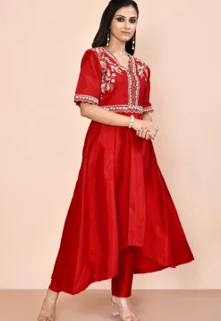 Embroidered Art Silk Aline Kurta Set in Red