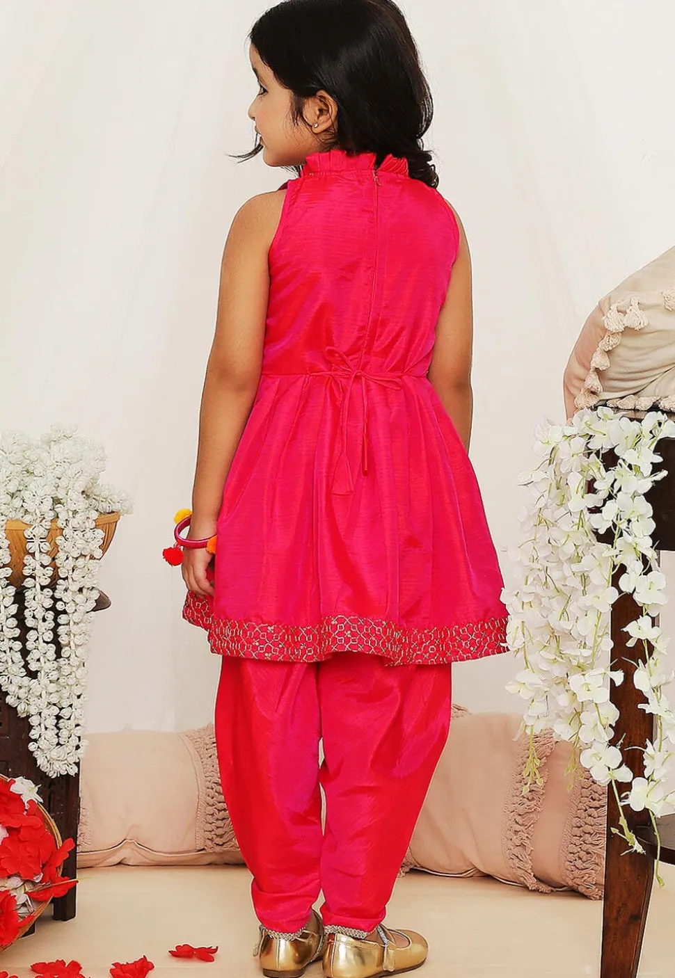 Embroidered Art Silk Aline Kurta Set in Fuchsia