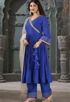 Embroidered Art Silk Aline Suit in Navy Blue