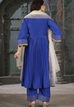 Embroidered Art Silk Aline Suit in Navy Blue