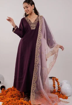 Embroidered Art Silk Aline Suit in Violet