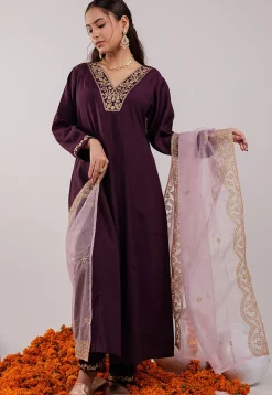 Embroidered Art Silk Aline Suit in Violet