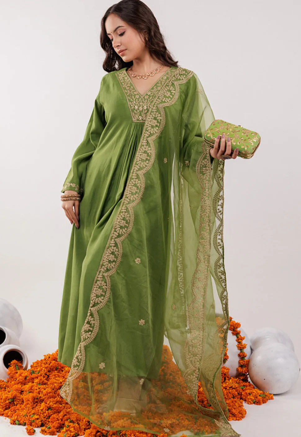 Embroidered Art Silk Aline Suit in Green