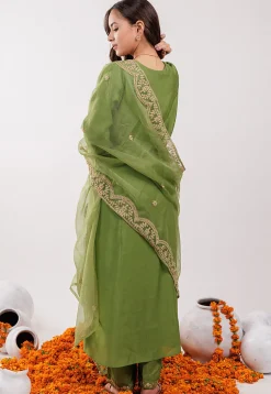 Embroidered Art Silk Aline Suit in Green