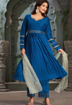 Embroidered Art Silk Aline Suit in Royal Blue