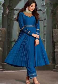 Embroidered Art Silk Aline Suit in Royal Blue