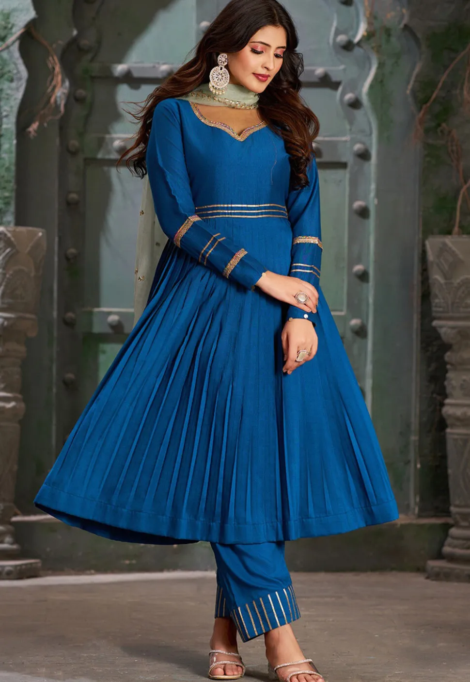 Embroidered Art Silk Aline Suit in Royal Blue
