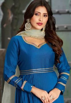 Embroidered Art Silk Aline Suit in Royal Blue