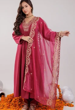 Embroidered Art Silk Aline Suit in Fuchsia