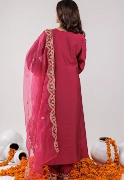 Embroidered Art Silk Aline Suit in Fuchsia