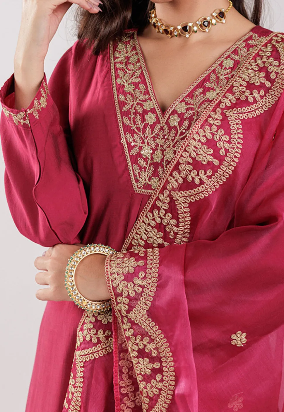 Embroidered Art Silk Aline Suit in Fuchsia
